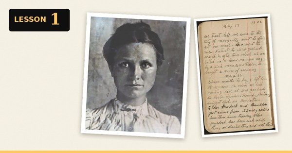 Polly Harmon portrait beside a page from a missionary journal